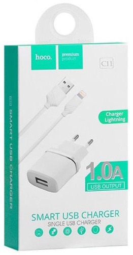 Зарядное устройство Hoco C11 1USB 1A с кабелем Lightning белое